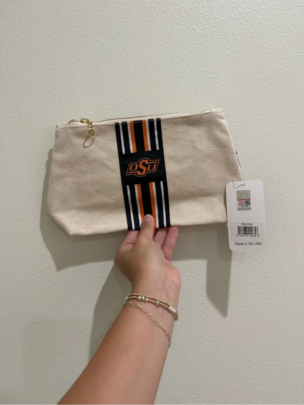 ShopDesden Neutral Canvas Pouch with Black, Orange and Navy Stripes